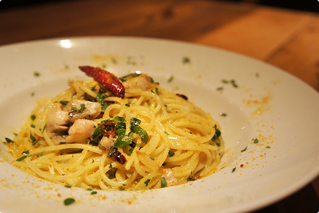 'Pasta with oyster and green onion sauce, dried mullet roe added'